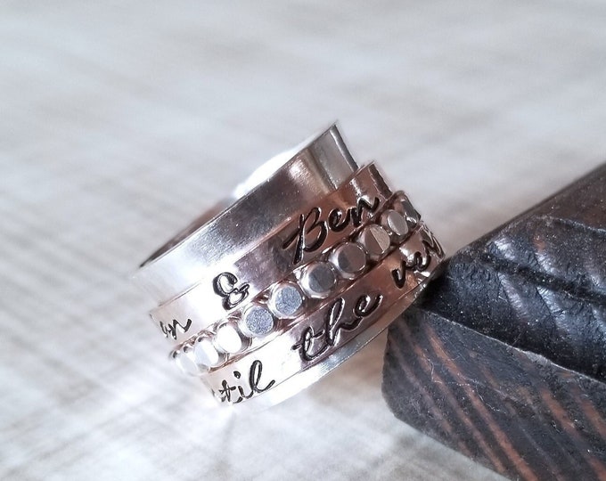 Spinner Ring, Sterling Silver and Rose Gold Filled, Stamped Bands, Moms Ring, Personalized Jewelry, Spinning Bands