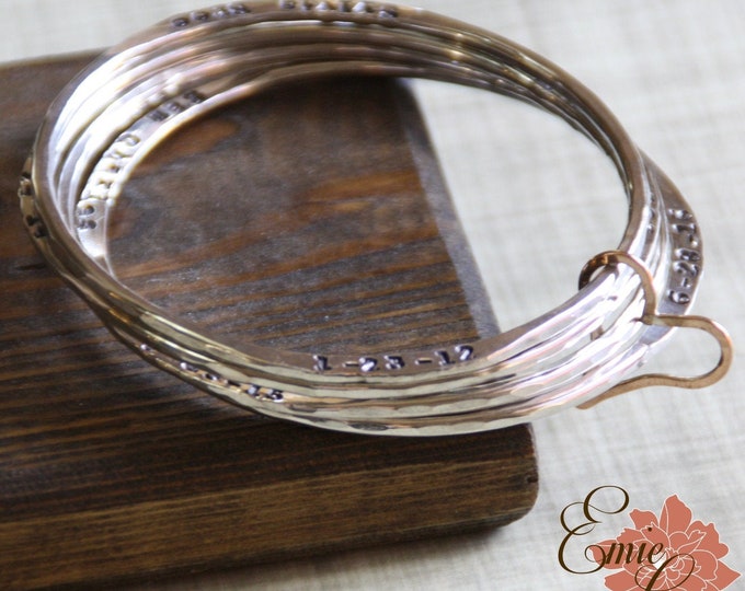 14K Rose Gold Heart, Sterling Silver Mothers Names Bracelet, Bangle Set, Grandma's Bracelet, Hand Stamped Names, Personalized