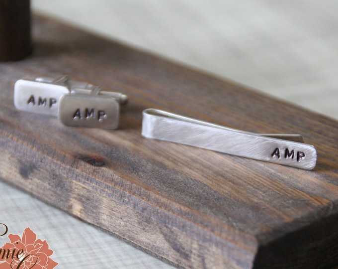 Sterling Silver Tie Bar and Cuff Link Set, Initials, Brushed, Hand Stamped, Personalized Mens Jewelry, Custom Tie Clip, Groomsmen Gift