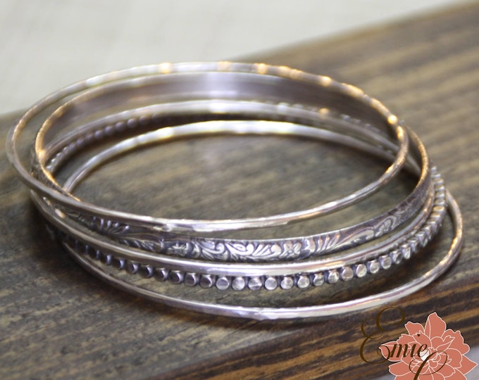 Bangle Bracelet Set of Five, Sterling Silver Stacking Bangles, Dot, Floral and Skinny Hammered