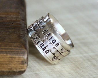 Sterling Silver Spinner Ring, Stamped Bands, Personalized Silver Jewelry, Moms Ring