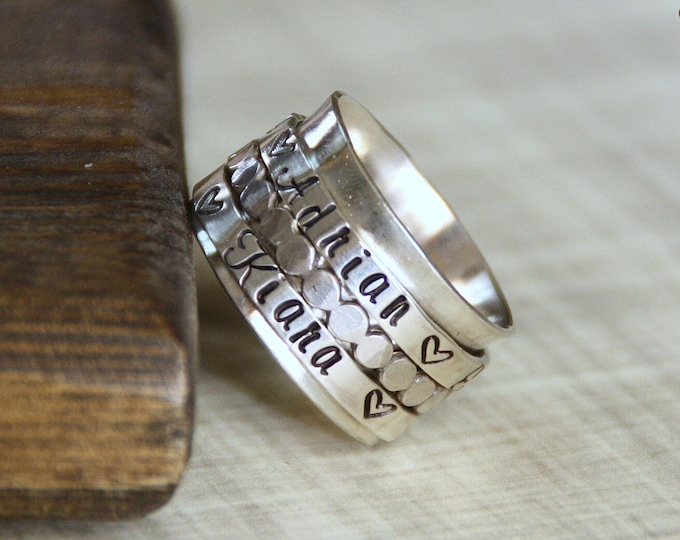 Sterling Silver Spinner Ring, Stamped Bands, Personalized Silver Jewelry, Moms Ring