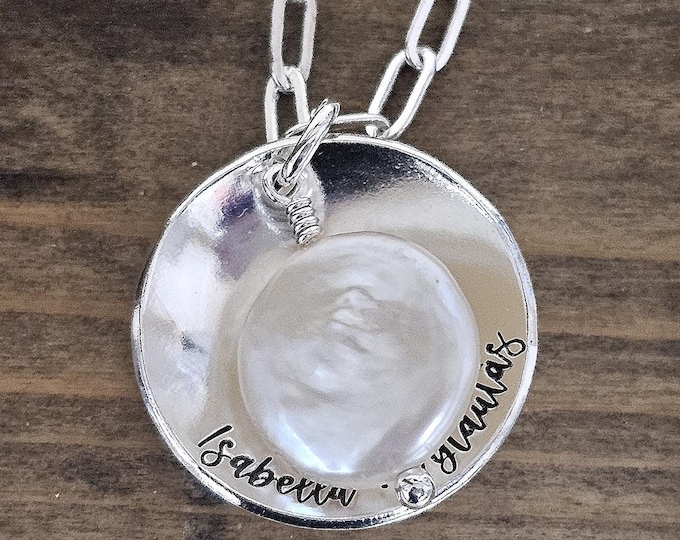 Sterling Silver Mom's Necklace, Children's Names, Personalized Disk & Freshwater Coin Pearl