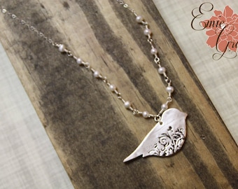 Silver Filigree Bird Necklace, Fine Silver, Sterling Silver, Freshwater Pearls, Precious Metal Clay, PMC