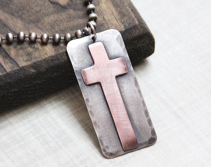 Sterling Silver and Copper Cross Dog Tag Necklace, Rustic,  Laser Engraved Personalization, Bible Verse, Hidden Message
