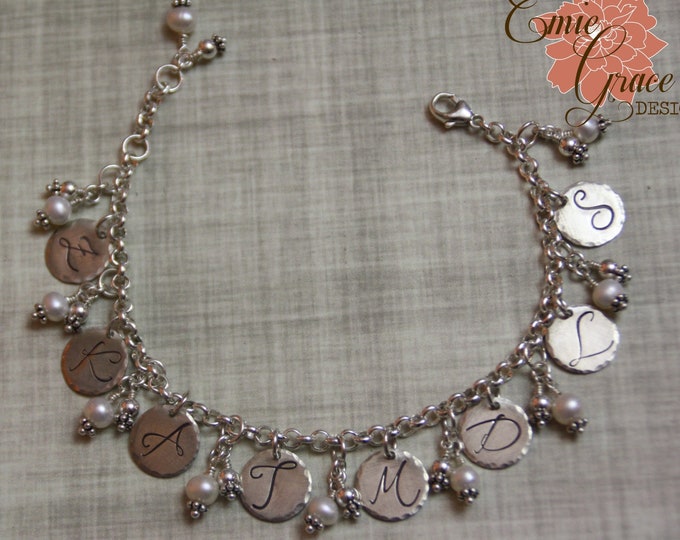 Grandmother's Charm Bracelet, Sterling Silver Intials and Pearls, Mother's Bracelet, Hand Stamped, Personalized