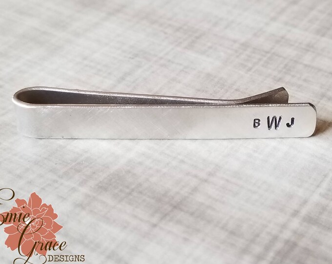 Sterling Silver Monogrammed Tie Clip, Initials, Brushed, Hand Stamped, Personalized Mens Jewelry, Custom Tie Bar