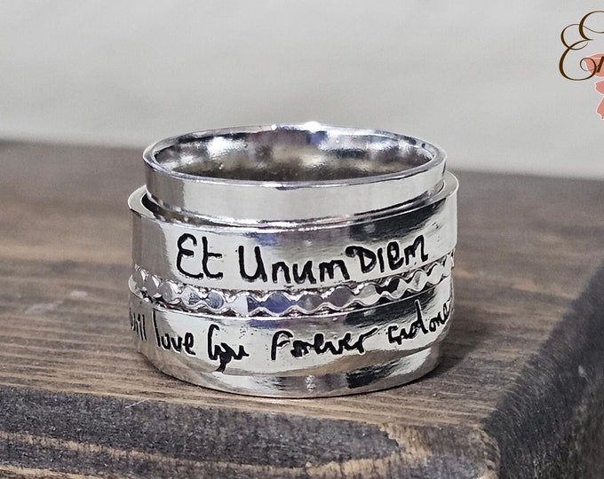 Sterling Silver Handwriting Spinner Ring, Your Handwriting Engraved on Two Spinning Bands, Anticlastic Ring, Personalized Jewelry, Moms Ring