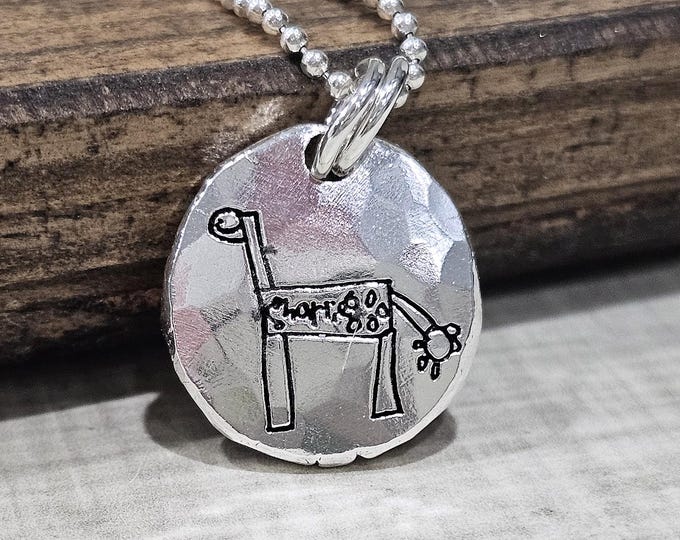 Children's Drawing Engraved Sterling Silver Ingot Necklace, Personalized Handwriting Organic Raw Silver, Hammered Faceted Pendant