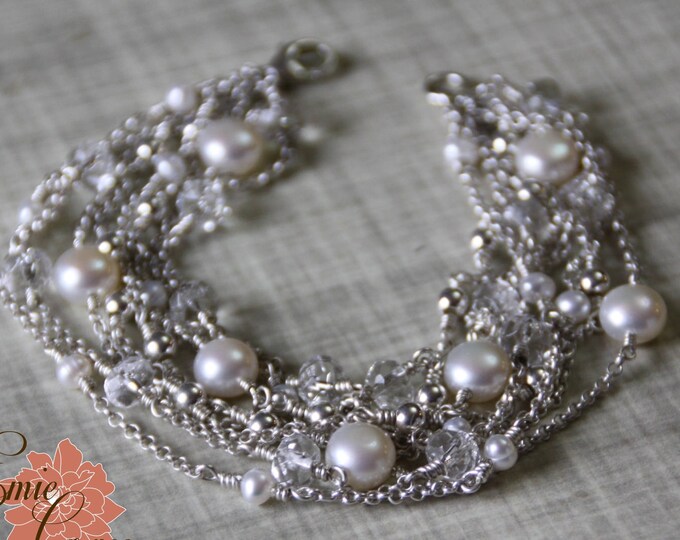 Pearl and Clear Quartz Gemstone Multi Strand Bracelet, Sterling Silver, Freshwater Pearl, Quartz Crystal, Bridal Jewelry