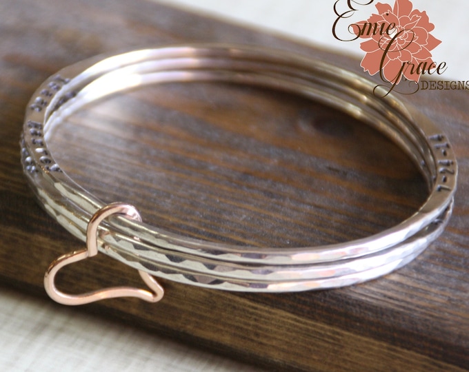 Mothers Names Bracelet, Sterling Silver Bangles, Rose Gold Fill Heart, Grandma's Bracelet, Hand Stamped Name, Birthdate, Personalized