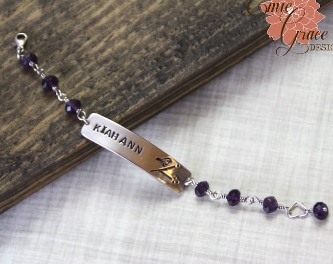 Sterling Silver Identification Bracelet, Birthstone Baby Bracelet, Hand Stamped Name Bracelet, Children's ID Bracelet, Bird on a Branch