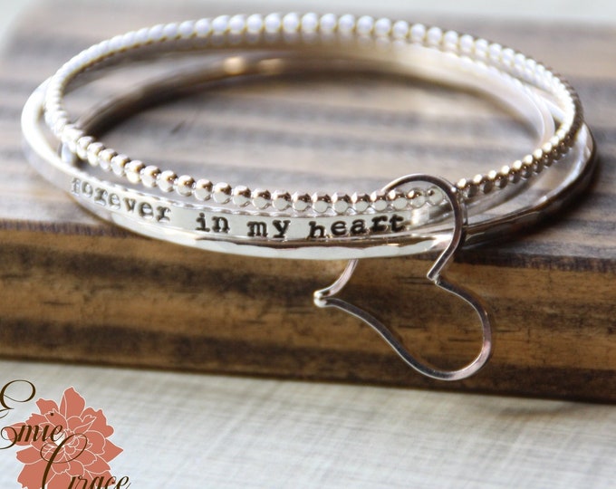 Forever in My Heart Bracelet Set, Sterling Silver Bangles with Heart, Set of Three, Hand Stamped Personalized Name