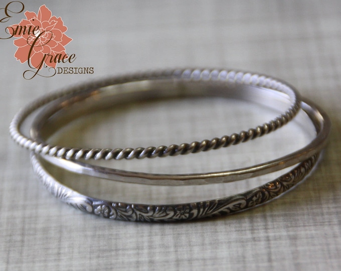 Sterling Silver Bangle Bracelet Trio, Bangles Set, Twisted,  Floral, Hammered,  Oxidized Silver Bracelet Set