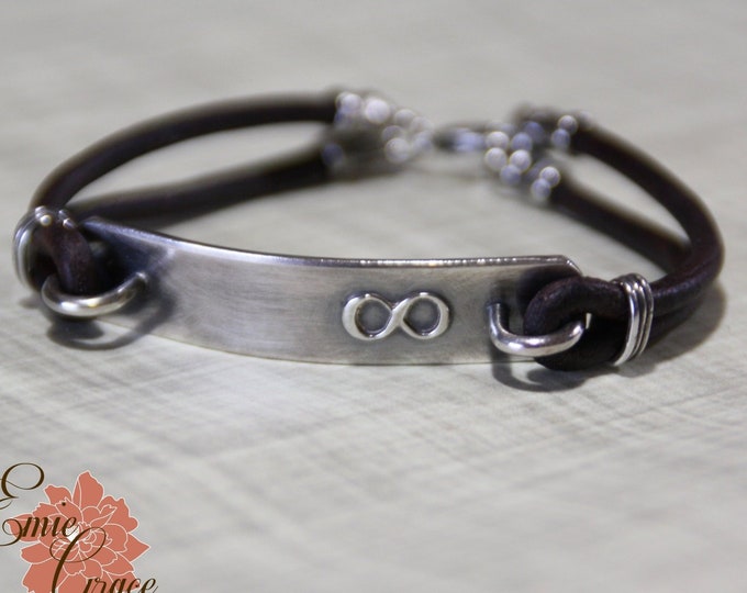Silver Infinity Bracelet, Sterling Silver Bar, Optional Personalization, Leather Cord, Rustic