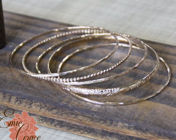 Bangle Bracelet Set of Five, Yellow Gold Filled Stacking Bangles, Dot, Floral and Skinny Hammered