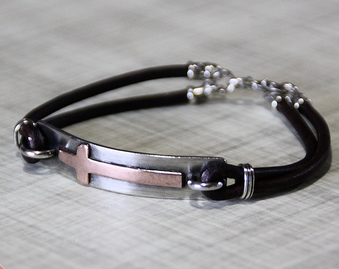 Men's Cross Bracelet, Sterling Silver Bar, Copper Cross, Leather Cord, Optional Personalization, Bible Verse, Hidden Message