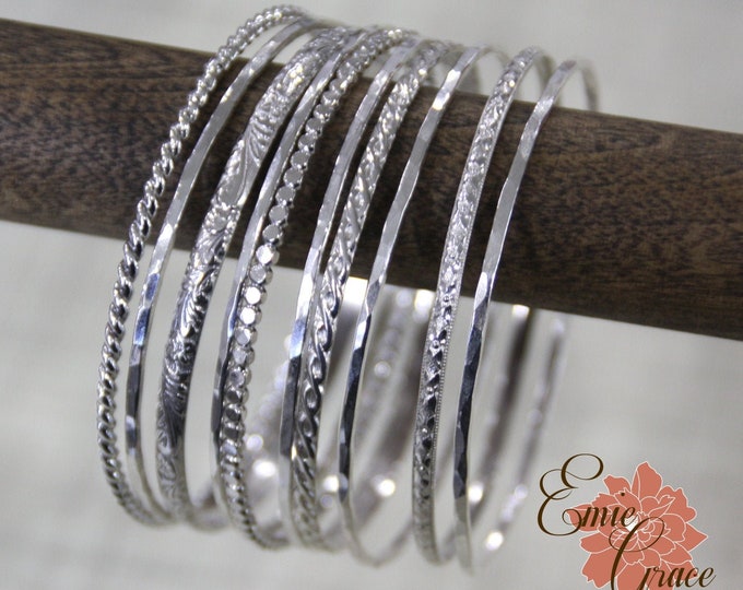 Bangle Bracelet Set of Ten, Sterling Silver Stacking Bangles, Dot, Floral, Twist. Weave, Leaf and Skinny Hammered