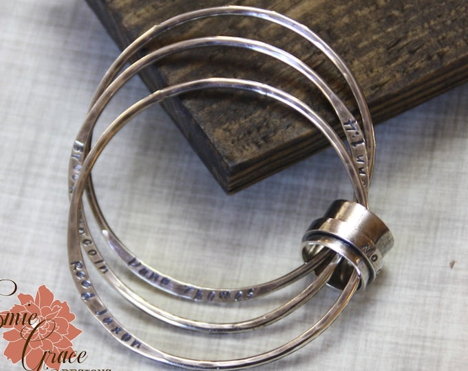 Sterling Silver Bangles w/ Stamped Spinner Ring, Mothers Names Bracelet, Grandma's Bracelet, Hand Stamped Names, Personalized
