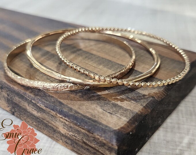 Yellow Gold Filled Bangle Bracelet Trio, Bangles Set, Twisted,  Floral, Hammered,  Gold Bracelet Set