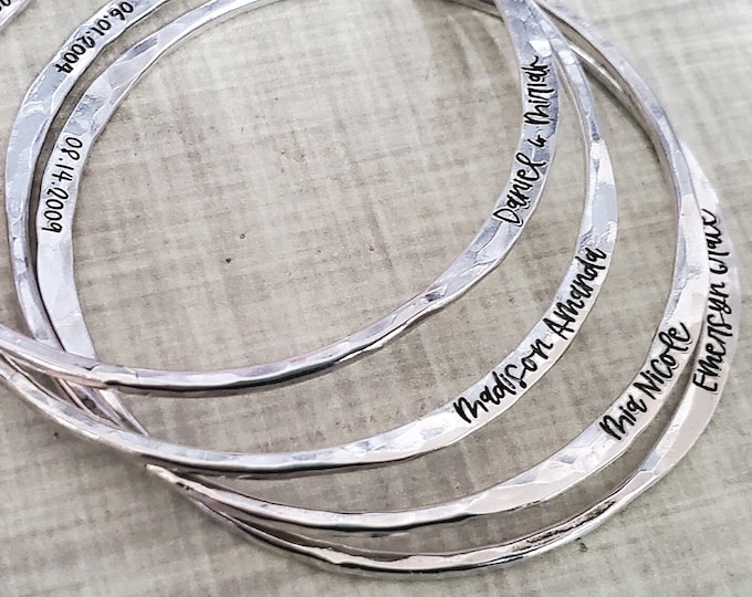 Mothers Names Bracelet, Sterling Silver Bangle, Grandma's Bracelet, Engraved Name, Birthdate, Personalized