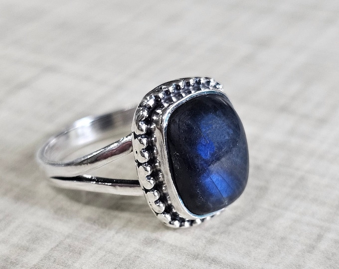 Sterling Silver Blue Fire Labradorite Ring, Size 8.5, Rectangular Cushion Cut, Blue Flash, Statement Ring