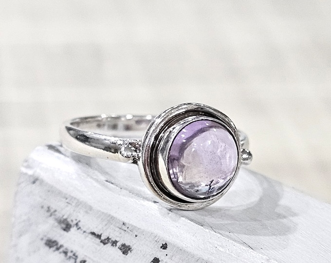 Sterling Silver Rose De France Amethyst, Size 8.5, Smooth Round Cut, Clear Lavender Gemstone, Statement Ring