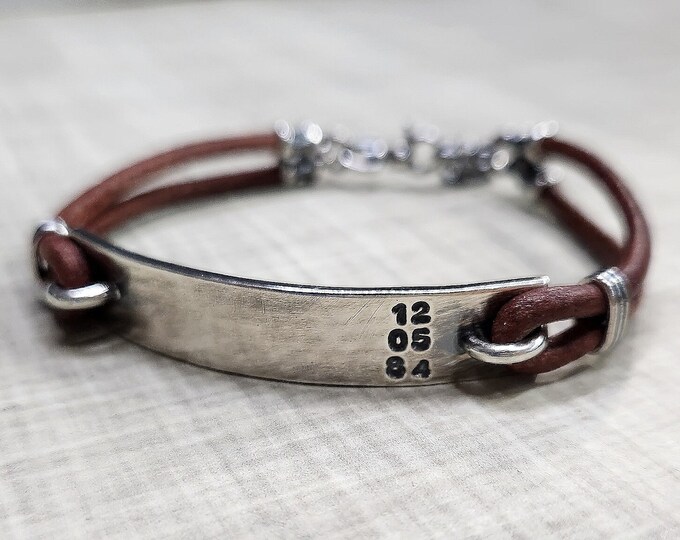 Silver Date Bracelet, Sterling Silver Bar, Leather Rustic Personalized Jewelry, Monogram, Hand Stamped Message