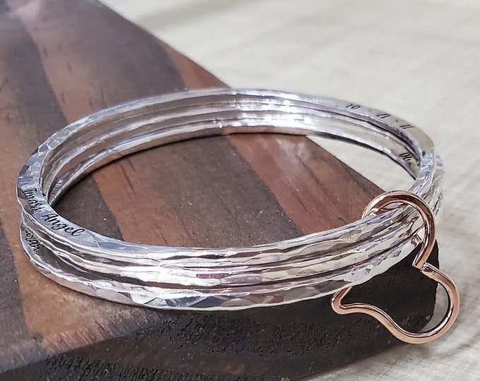 Mothers Names Bracelet, Sterling Silver Bangles, Rose Gold Fill Heart, Grandma's Bracelet, Engraved Name, Birthdate, Personalized