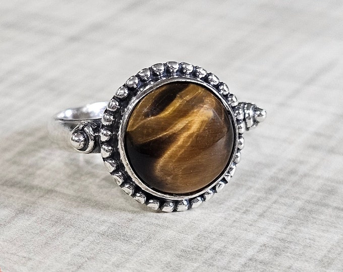 Sterling Silver Tigers Eye Ring, Size 8.5, Smooth Round Cut, Statement Ring
