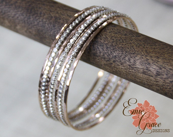 Bangle Bracelet Set of Seven, Sterling Silver and Rose Gold Filled Stacking Bangles, Hammered Dot and Skinny Hammered