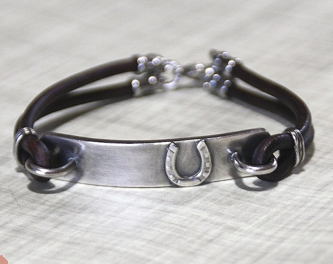 Silver Horseshoe Bracelet, Sterling Silver Bar, Optional Personalization, Leather Cord, Rustic