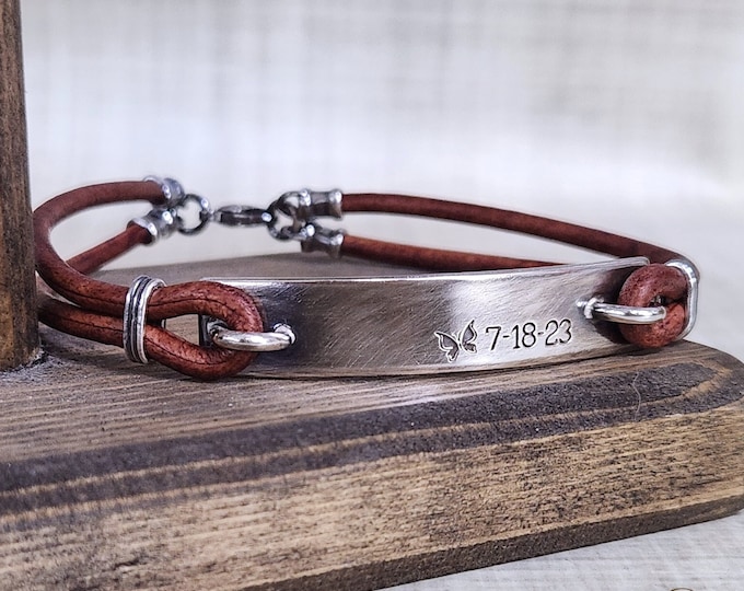 Men's Leather Bracelet, Sterling Silver Bar, Engraved Personalized Jewelry, Monogram, Hidden Message