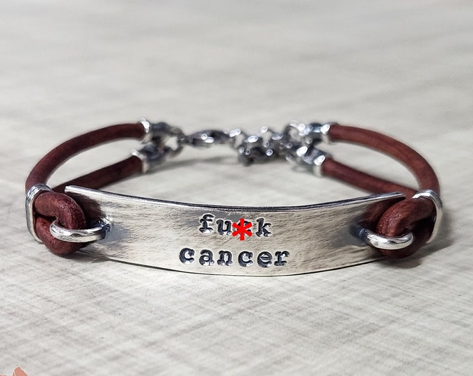 Cancer Bracelet, Men's or Women's Sterling Silver Bar, Personalized Leather Bracelet, Hand Stamped Message