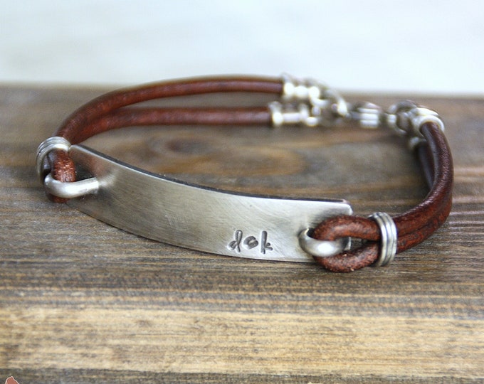 Men's Leather Bracelet, Sterling Silver Bar, Personalized Jewelry, Monogram, Hand Stamped Message