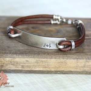Men&#39;s Leather Bracelet, Sterling Silver Bar, Personalized Jewelry, Monogram, Hand Stamped Message