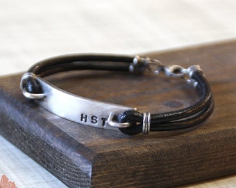 Sterling Silver Bar Bracelet, Men's Leather Bracelet, Monogram, Hand Stamped Message