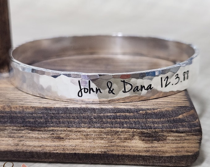 Personalized Silver Hammered Bangle, 8mm Sterling Silver Bracelet, Thick Laser Engraved Message Bracelet, Custom Text