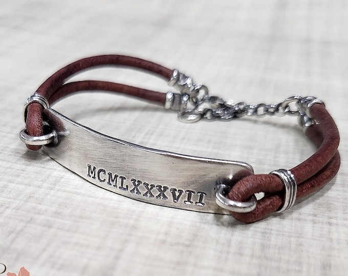 Sterling Silver Bar Bracelet, Roman Numerals Personalized Leather Bracelet, Hand Stamped Message