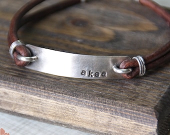 Sterling Silver and Leather Bracelet, Personalized Bar, Men&#39;s Jewelry, Initials, Hand Stamped Message