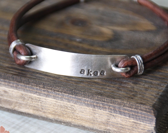 Sterling Silver and Leather Bracelet, Personalized Bar, Men's Jewelry, Initials, Hand Stamped Message