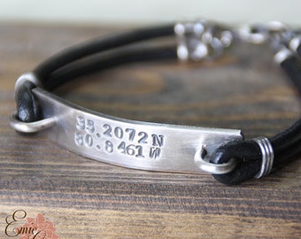 Custom Coordinates Bracelet, Sterling Silver Bar, Personalized Jewelry, Leather Rustic Bracelet, Hand Stamped Message