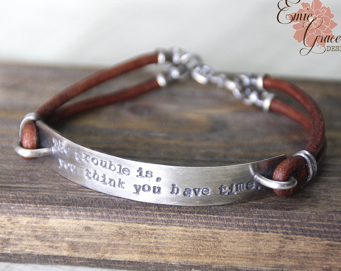 Men's Silver Bar Bracelet, Long Sterling Silver Bar, Personalized Jewelry, Leather Rustic Bracelet, Hand Stamped Message