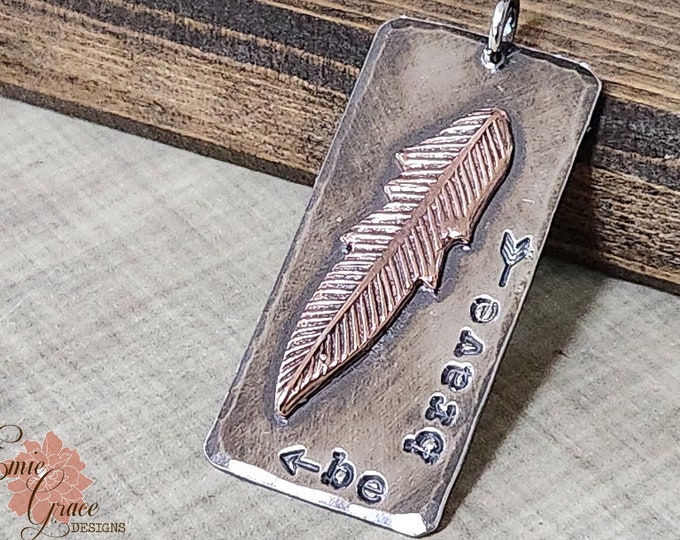 Be Brave Feather Dog Tag Necklace, Sterling Silver Dog Tag and Copper Feather, Be Brave Arrow Necklace