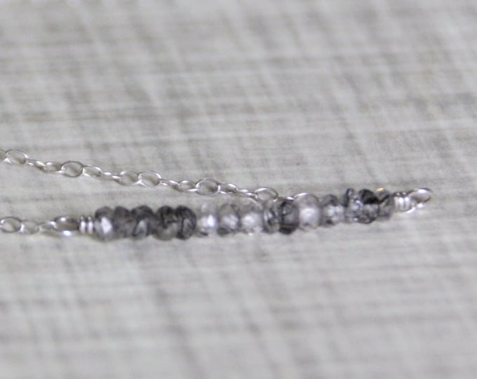 Tourmalinated Quartz Gemstone Bar Necklace, Sterling Silver, Black, White and Clear Necklace