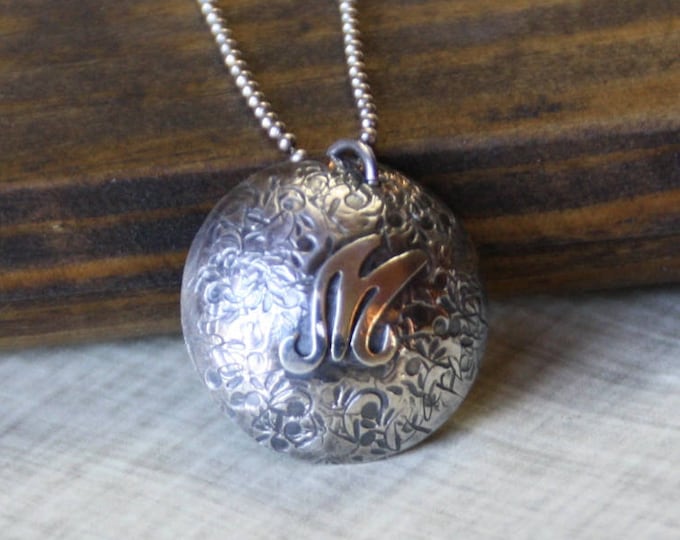 Initial M Necklace, Sterling Silver Textured Dome, Hand Stamped - READY TO SHIP