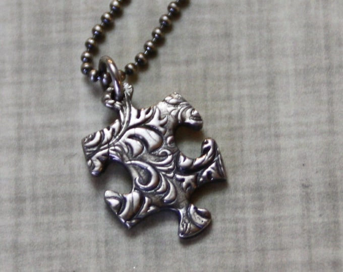 Silver Puzzle Piece Necklace, Autism Awareness, Fine Silver and Sterling Silver, Petite Puzzle Piece, Precious Metal Clay
