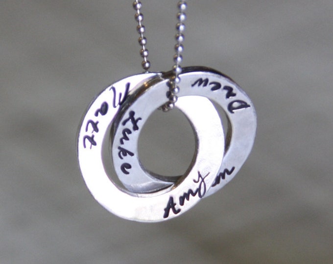 Sterling Silver Intertwined Rings Necklace, Handstamped Names, Mothers Necklace