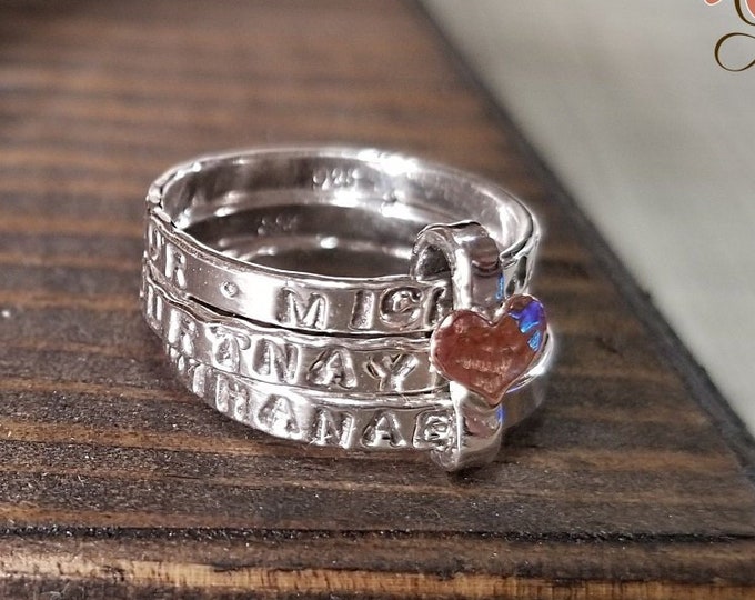 Sterling Silver Mom's Ring, Copper Heart, Three Thin Stamped Stacking Rings, Kids Names Ring, Personalized