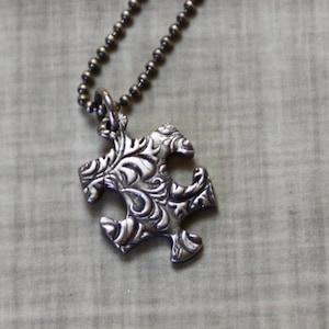 Silver Puzzle Piece Necklace, Autism Awareness, Fine Silver and Sterling Silver, Petite Puzzle Piece, Precious Metal Clay